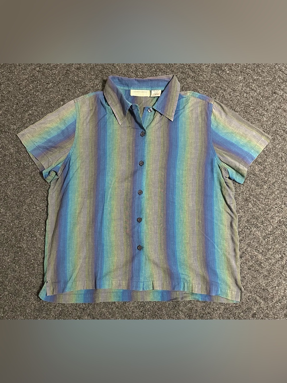 Lemon Grass Women's Blue Green Striped Short Sleeve Button Up Shirt Size L